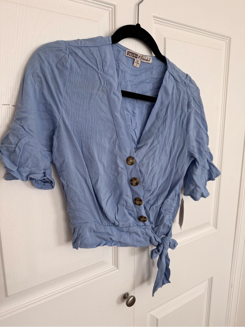 Gypsies & Moondust Light Blue Tie-Waist V-Neck Blouse